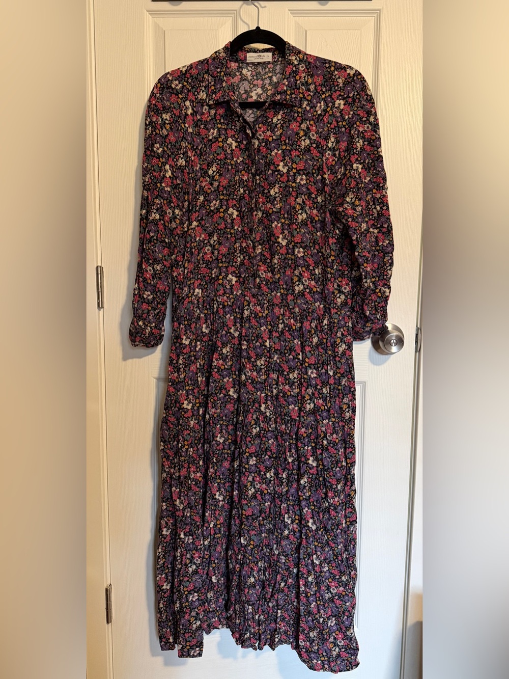 Natural Life Size L Floral Button Front Midi Dress Long Sleeve Boho Cottagecore - Picture 2 of 8